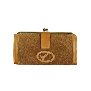 Vintage Suede Leather Brown Checkbook Wallet Gold Metal Frame Snap Closure